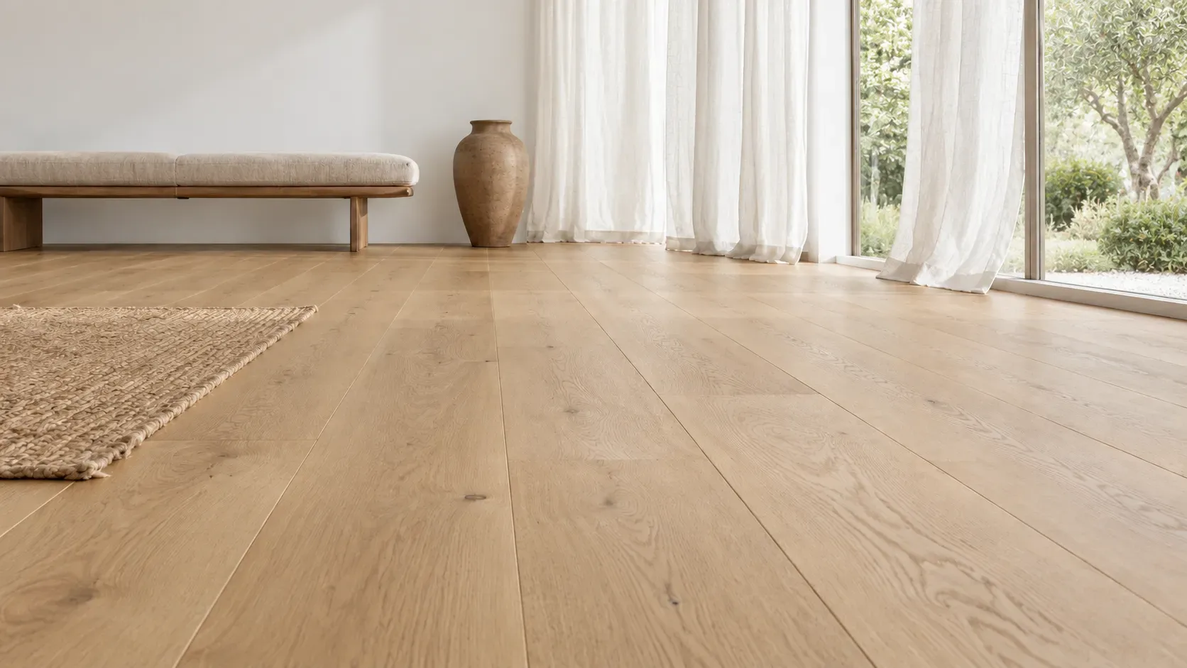 Daylit living room with a wide natural oak floor